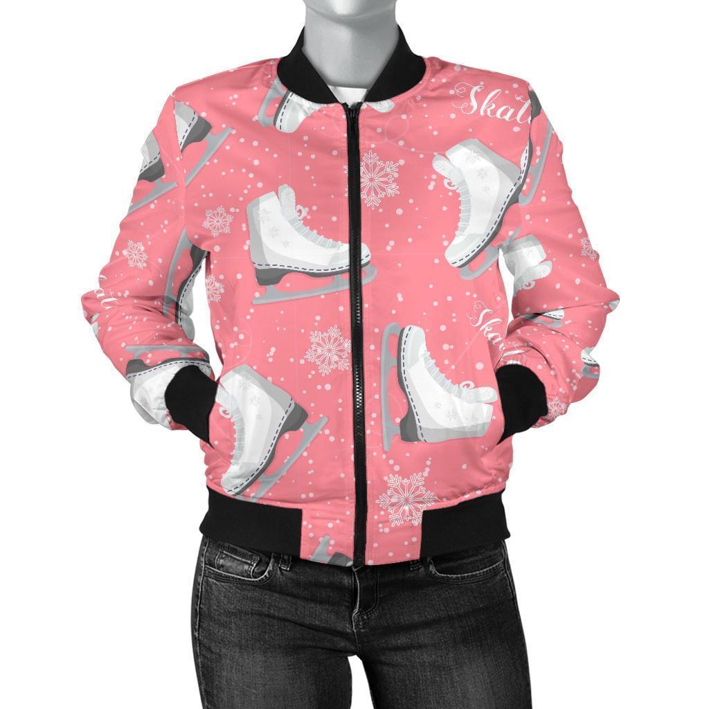 Ice Skate Pink Pattern Print Women Casual Bomber Jacket-grizzshop