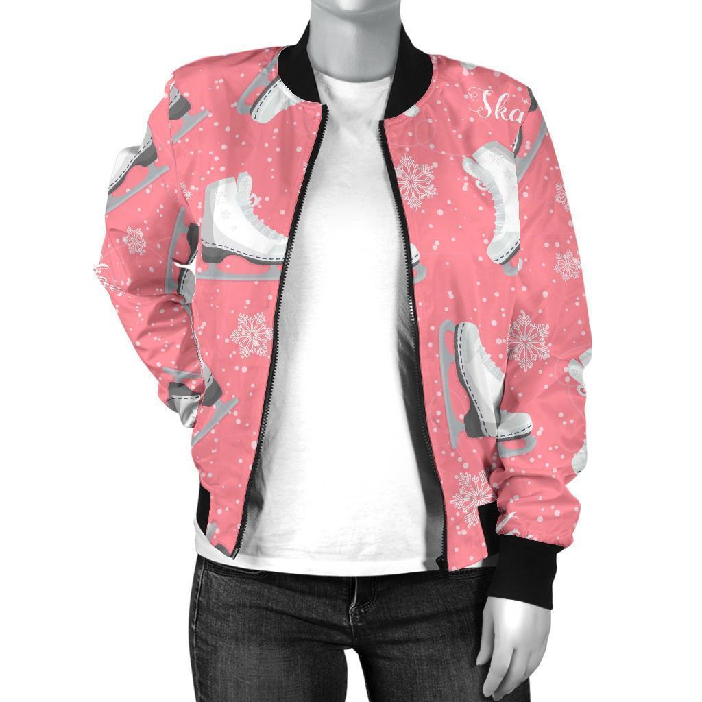 Ice Skate Pink Pattern Print Women Casual Bomber Jacket-grizzshop