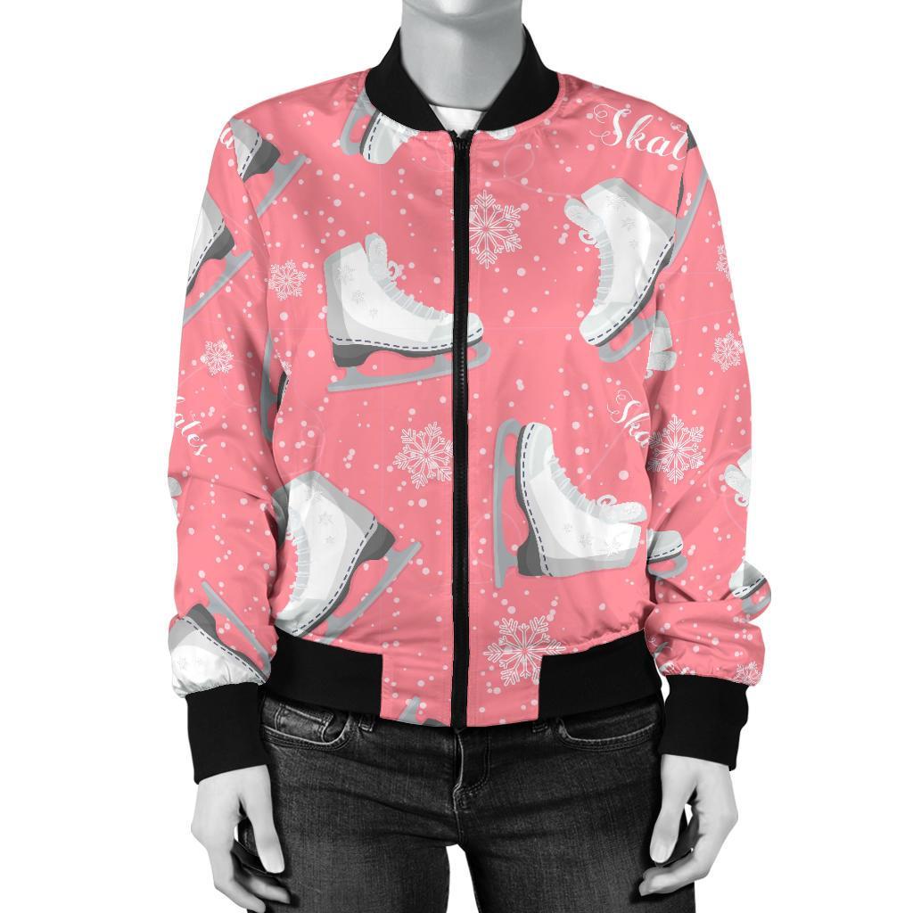 Ice Skate Pink Pattern Print Women Casual Bomber Jacket-grizzshop