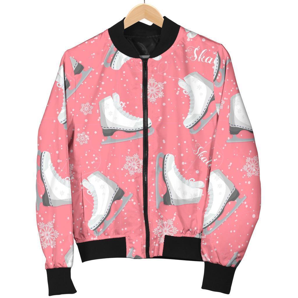 Ice Skate Pink Pattern Print Women Casual Bomber Jacket-grizzshop