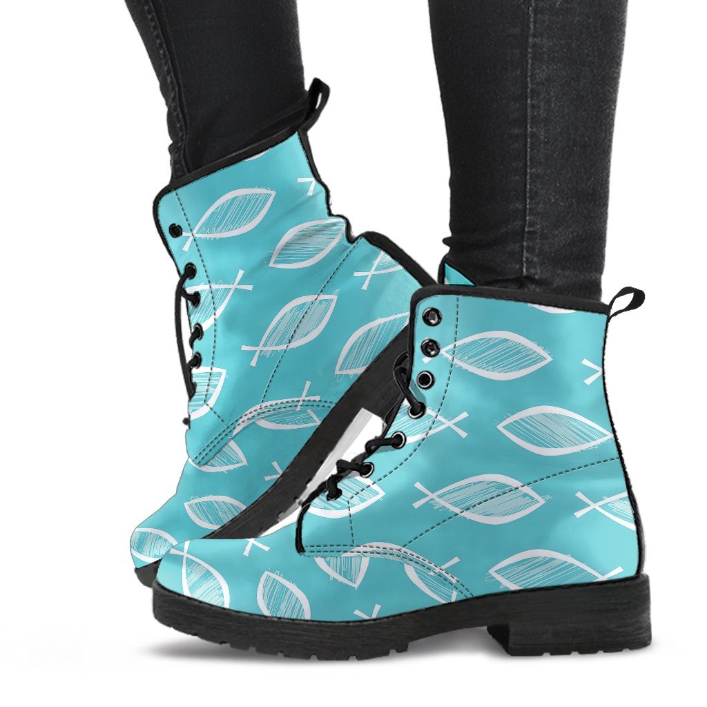 Ichthys Christian Pattern Print Men Women Leather Boots-grizzshop