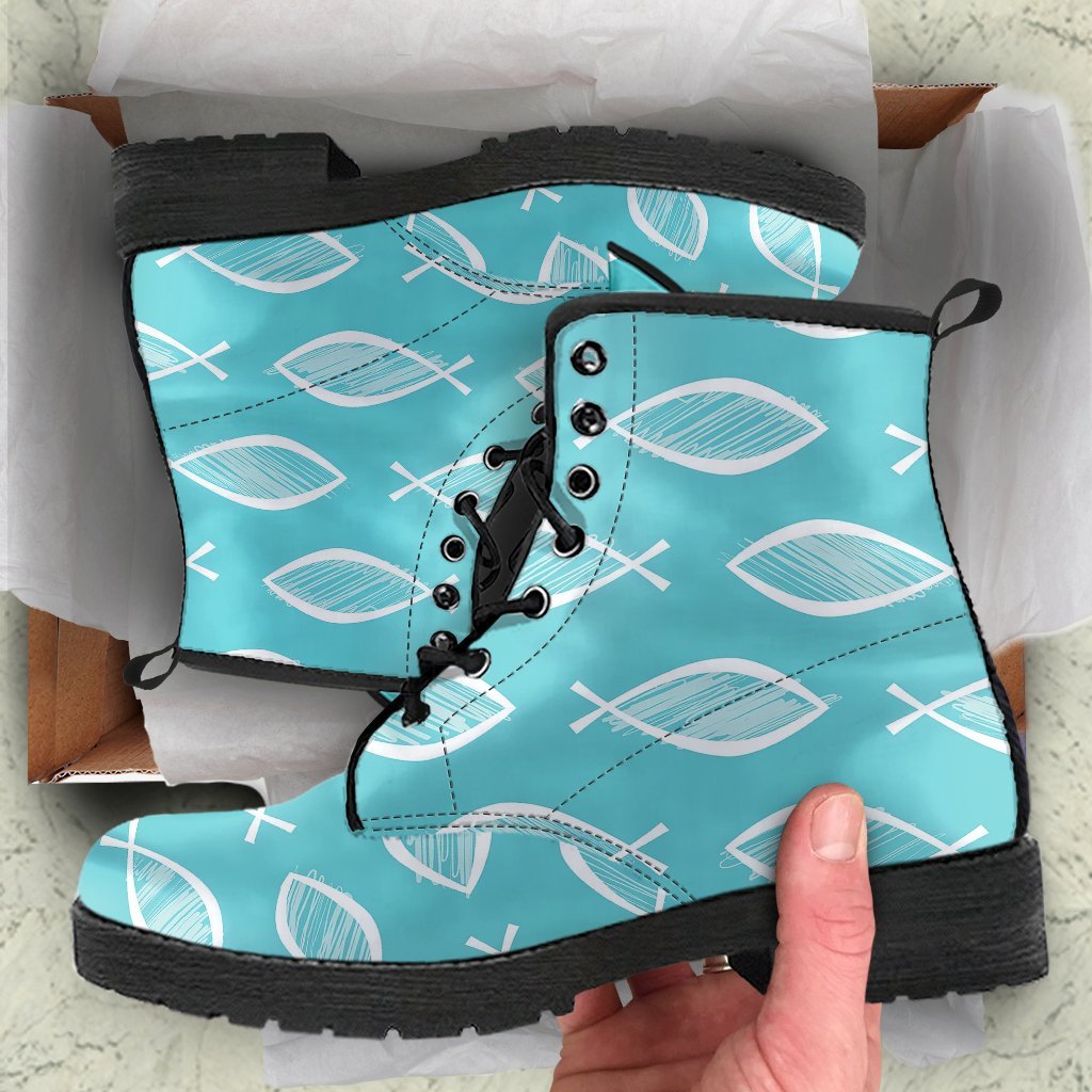 Ichthys Christian Pattern Print Men Women Leather Boots-grizzshop