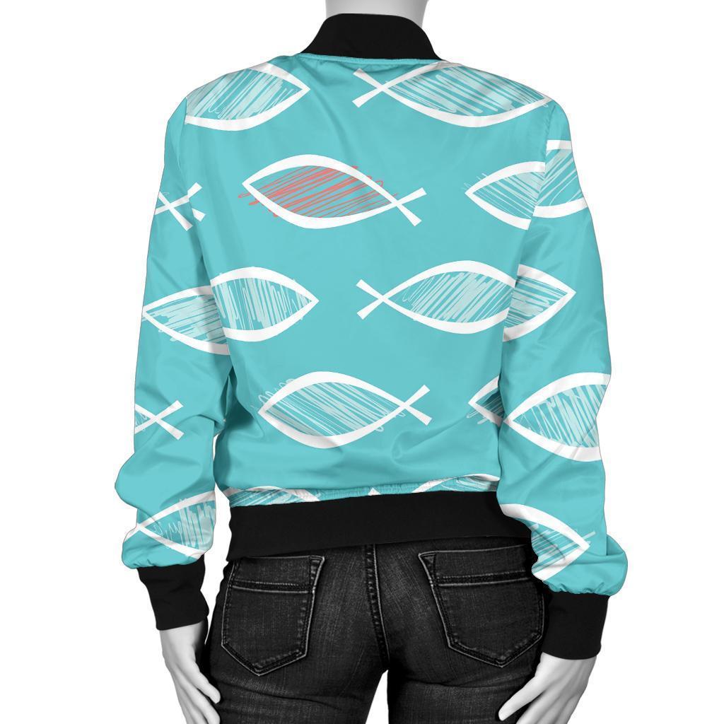 Ichthys Christian Pattern Print Women Casual Bomber Jacket-grizzshop