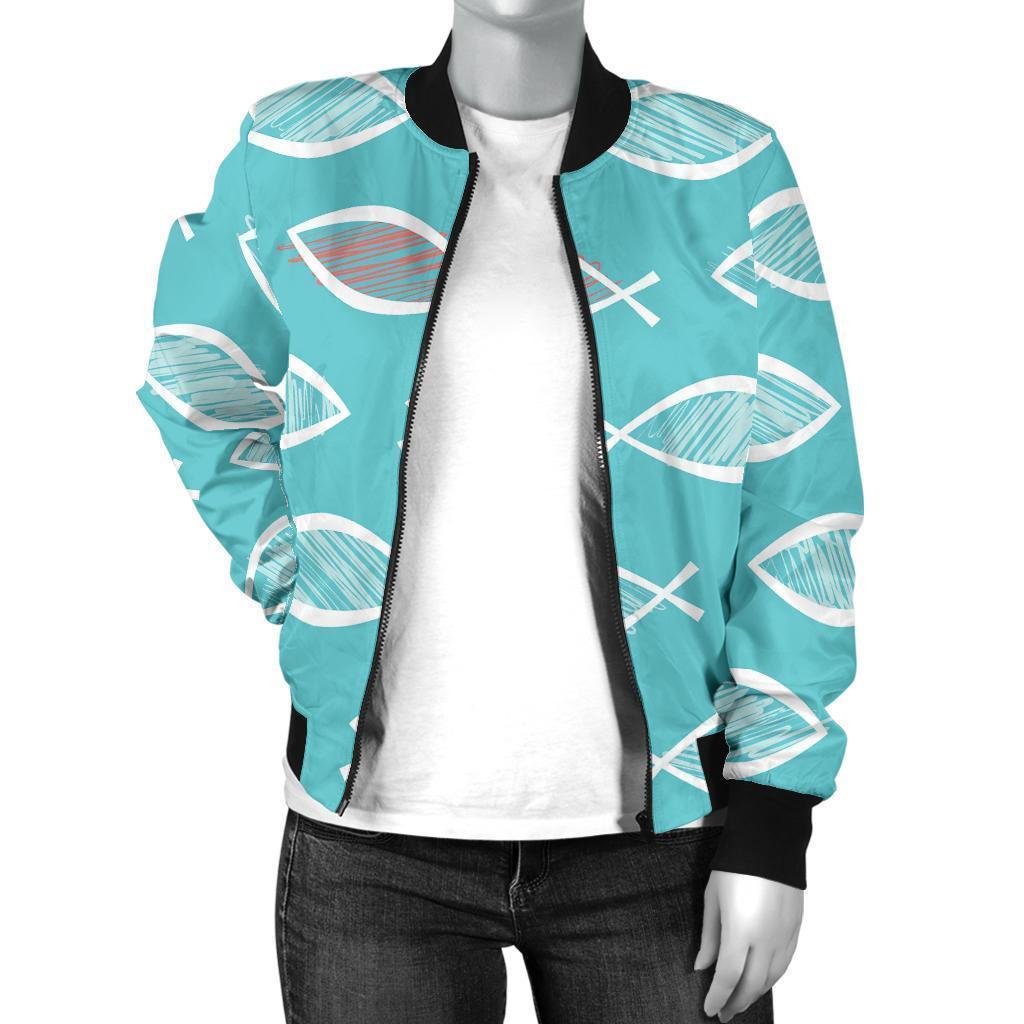 Ichthys Christian Pattern Print Women Casual Bomber Jacket-grizzshop