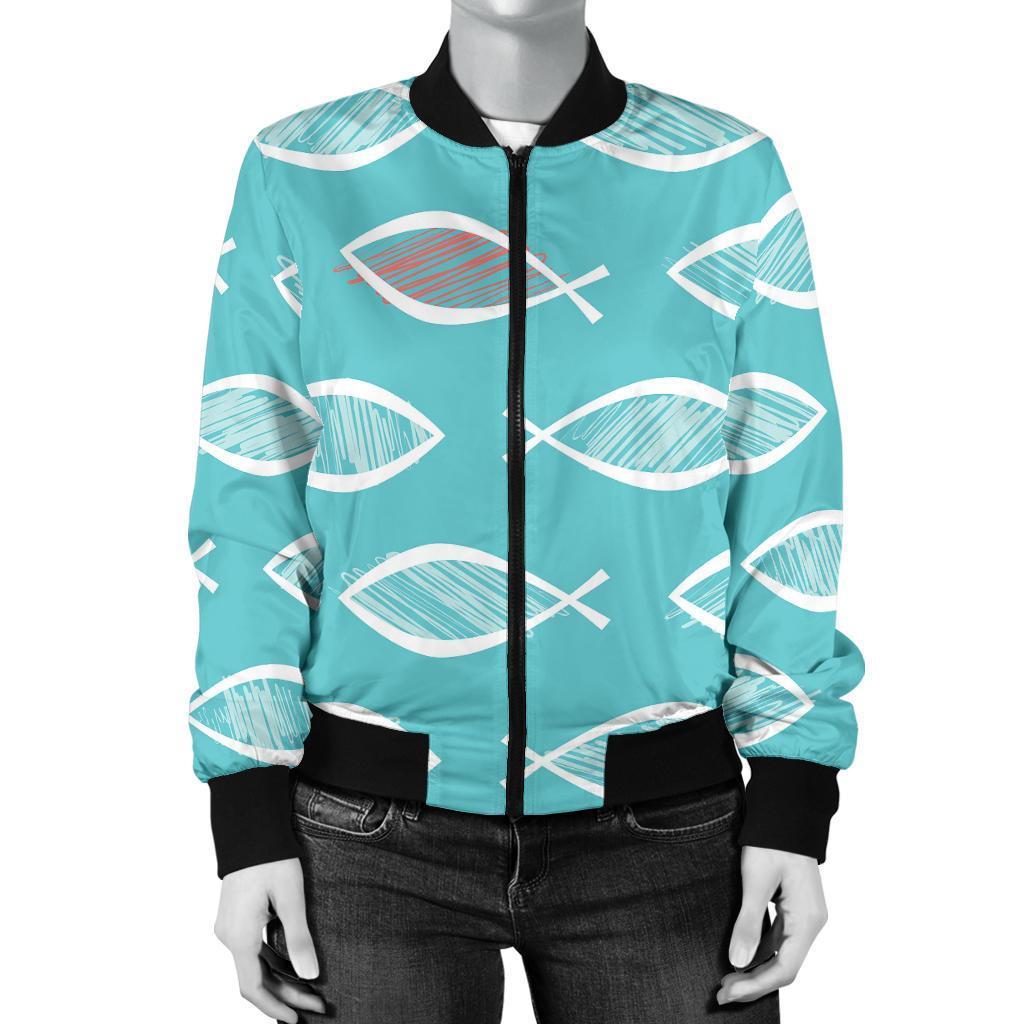 Ichthys Christian Pattern Print Women Casual Bomber Jacket-grizzshop