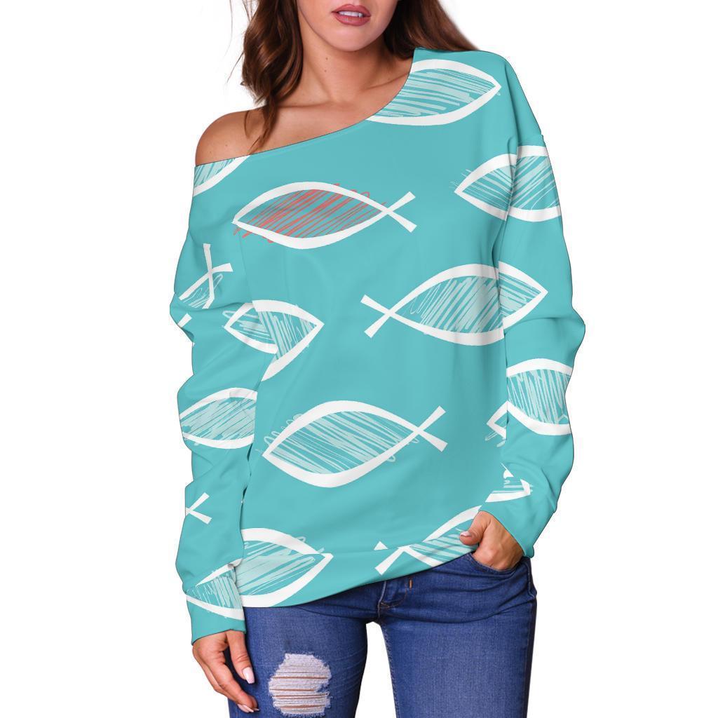 Ichthys Christian Pattern Print Women Off Shoulder Sweatshirt-grizzshop