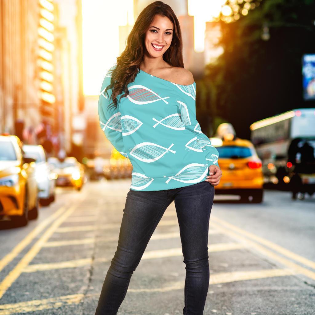 Ichthys Christian Pattern Print Women Off Shoulder Sweatshirt-grizzshop