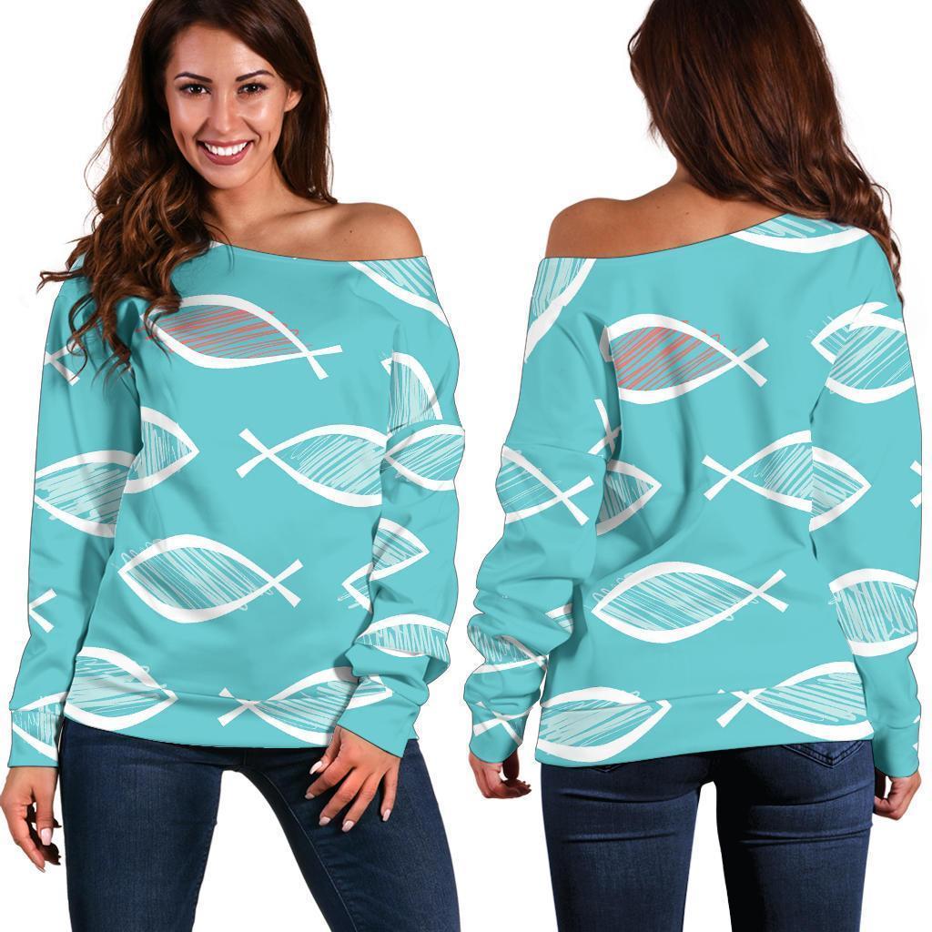 Ichthys Christian Pattern Print Women Off Shoulder Sweatshirt-grizzshop