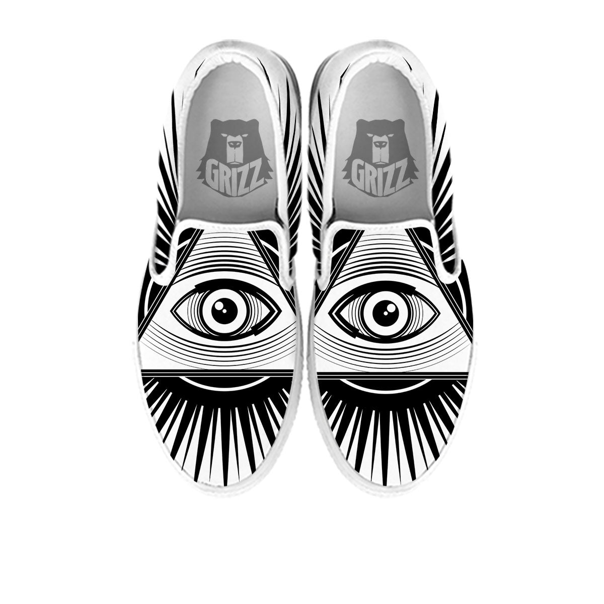 Illuminati White And Black Print White Slip On Shoes-grizzshop