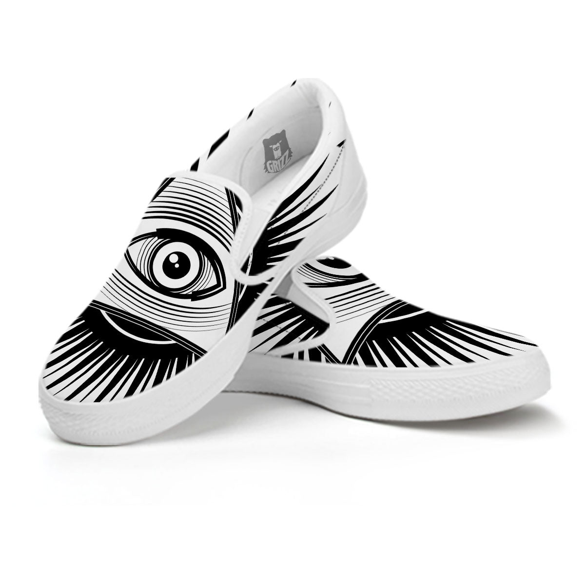 Illuminati White And Black Print White Slip On Shoes-grizzshop