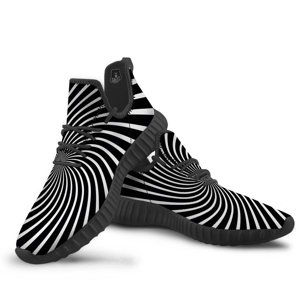 Illusory Motion White And Black Print Black Walking Shoes-grizzshop