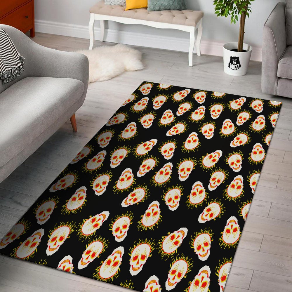 In Flames Skull Print Pattern Floor Mat-grizzshop