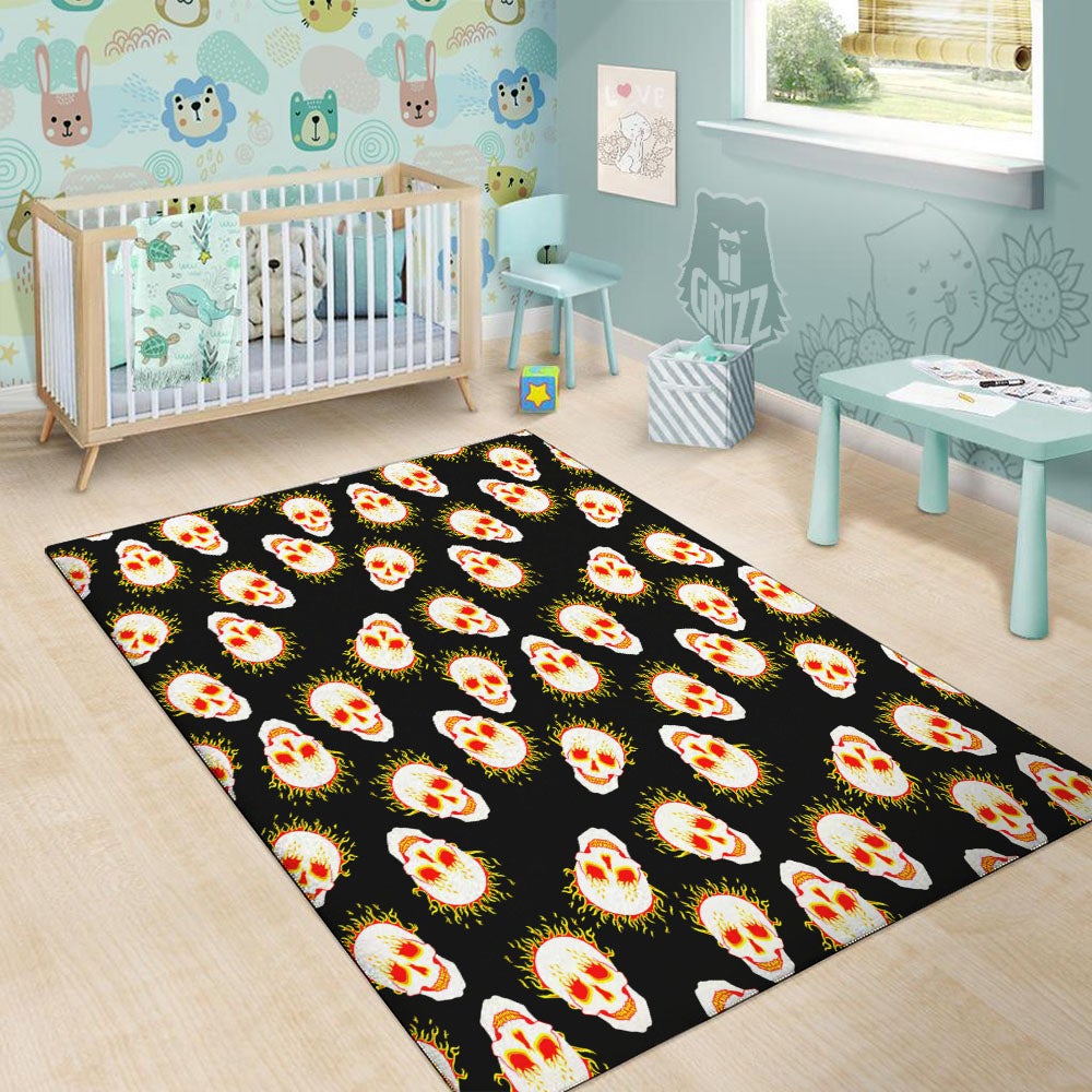 In Flames Skull Print Pattern Floor Mat-grizzshop