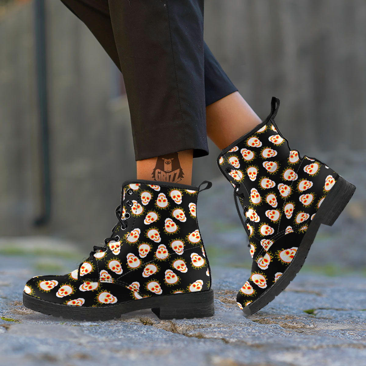 In Flames Skull Print Pattern Leather Boots-grizzshop
