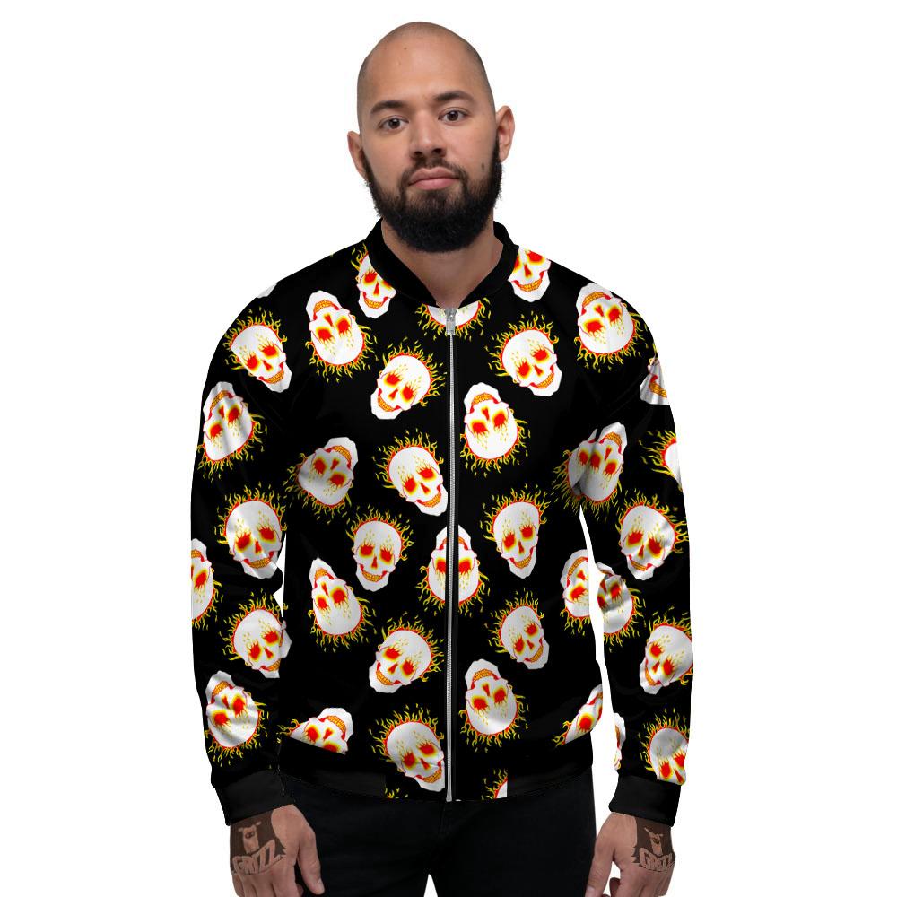 In Flames Skull Print Pattern Men's Bomber Jacket-grizzshop