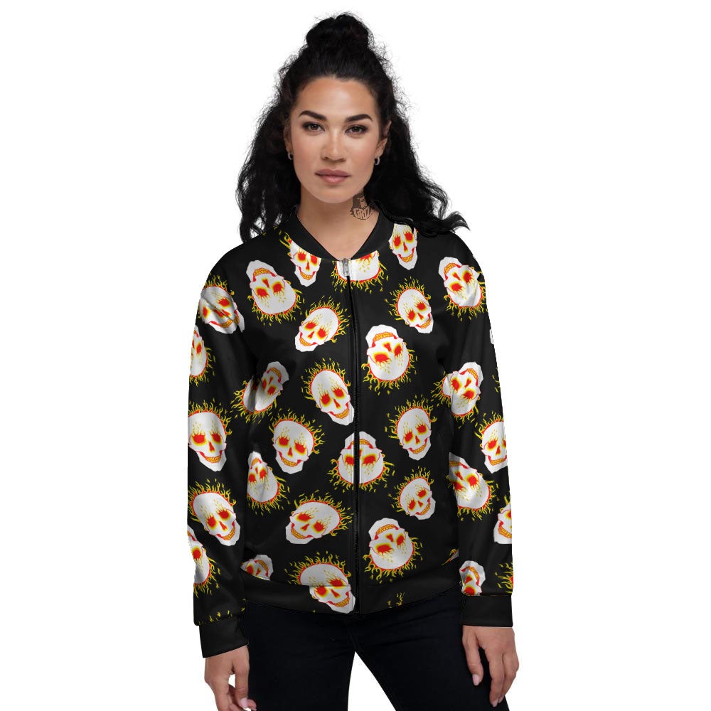 In Flames Skull Print Pattern Women's Bomber Jacket-grizzshop