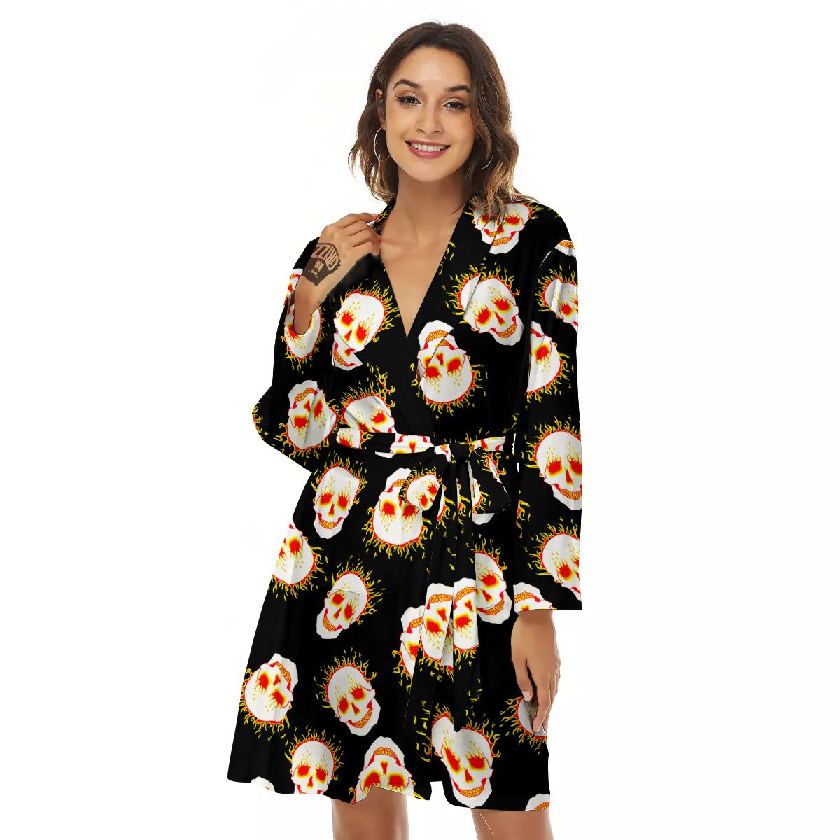 In Flames Skull Print Pattern Women's Robe-grizzshop