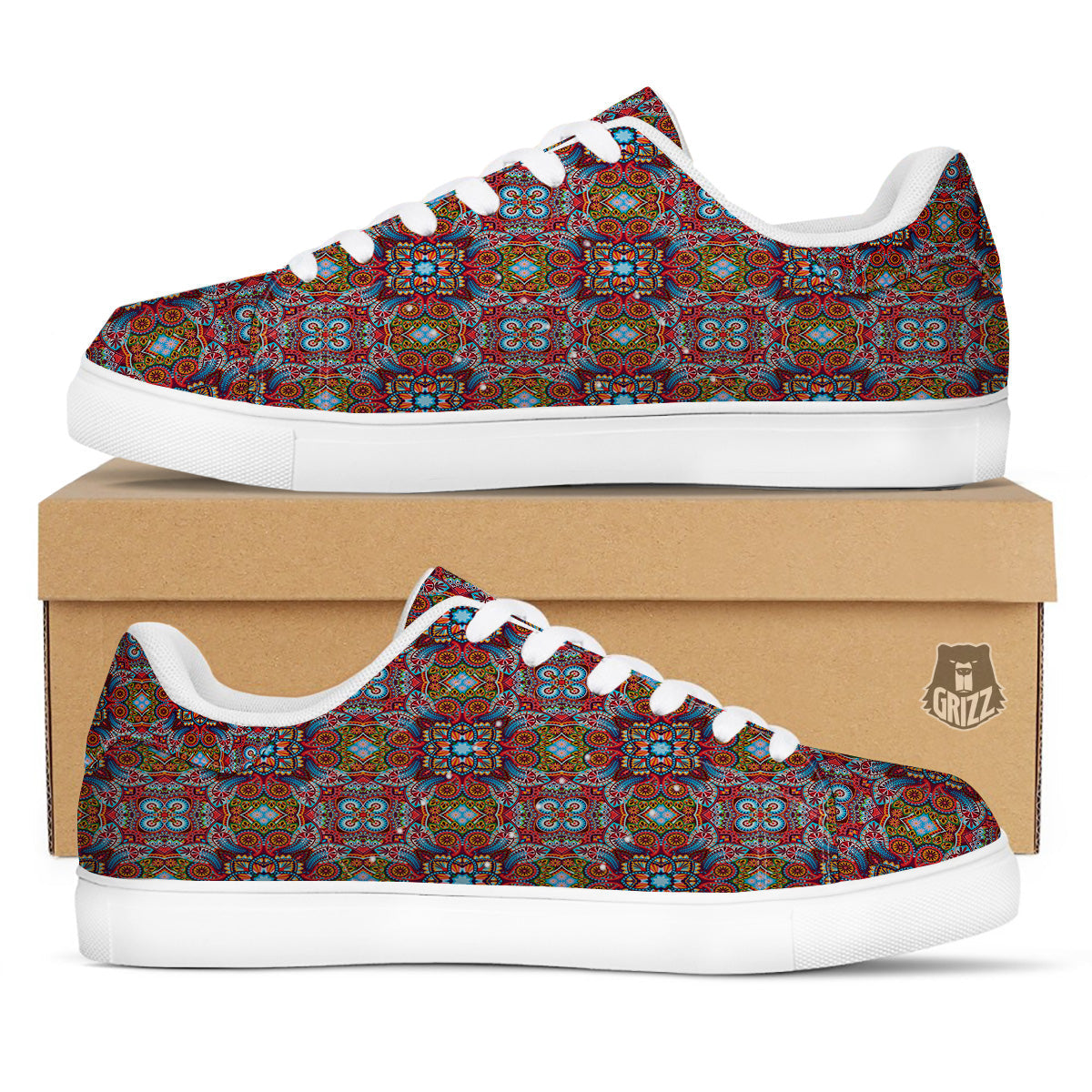 India Paisley Colorful Print Pattern White Low Top Sneakers-grizzshop