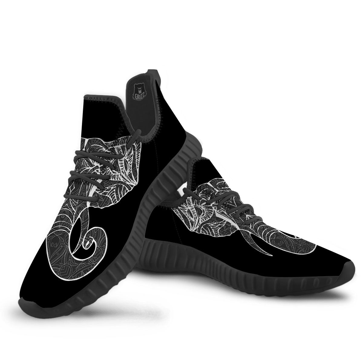 Indian Elephant White And Black Print Black Walking Shoes-grizzshop