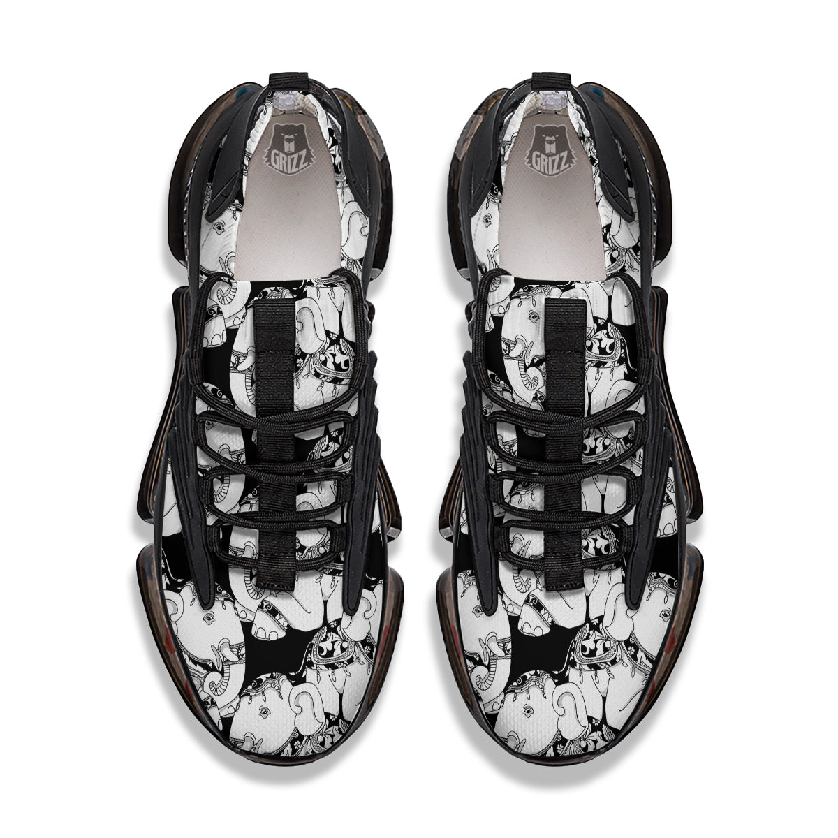 Indian Elephant White And Black Print Pattern Black Gym Shoes-grizzshop