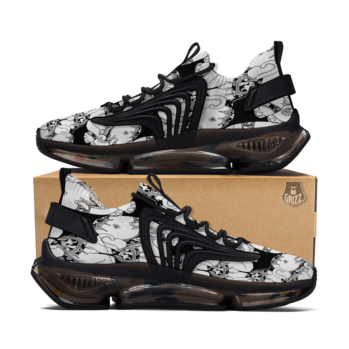Indian Elephant White And Black Print Pattern Black Gym Shoes-grizzshop