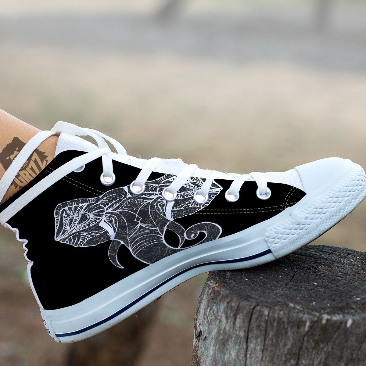 Indian Elephant White And Black Print White High Top Shoes-grizzshop