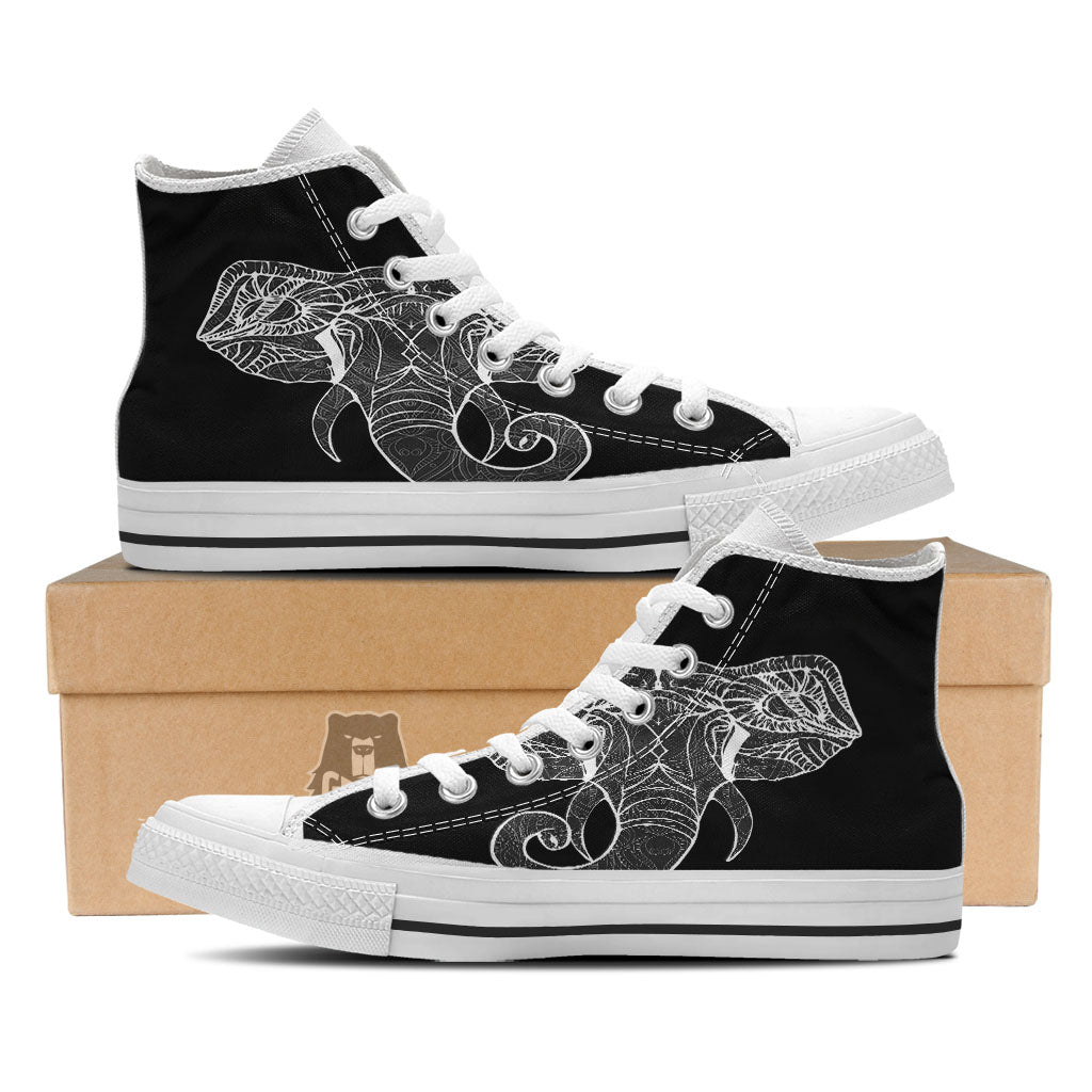 Indian Elephant White And Black Print White High Top Shoes-grizzshop