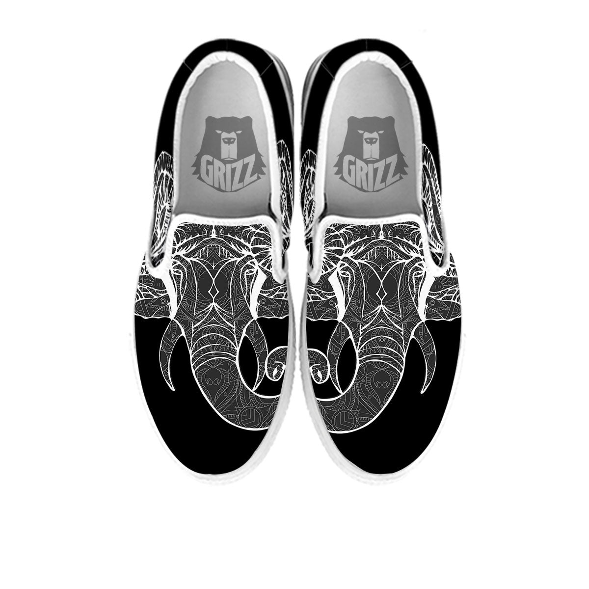Indian Elephant White And Black Print White Slip On Shoes-grizzshop