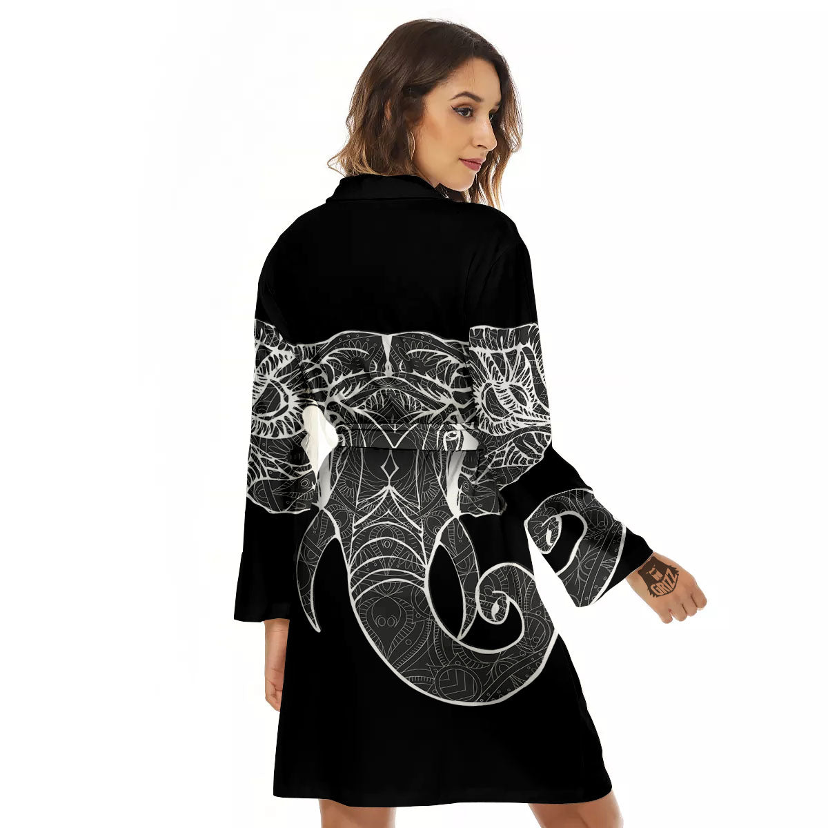 Indian Elephant White And Black Print Women's Robe-grizzshop