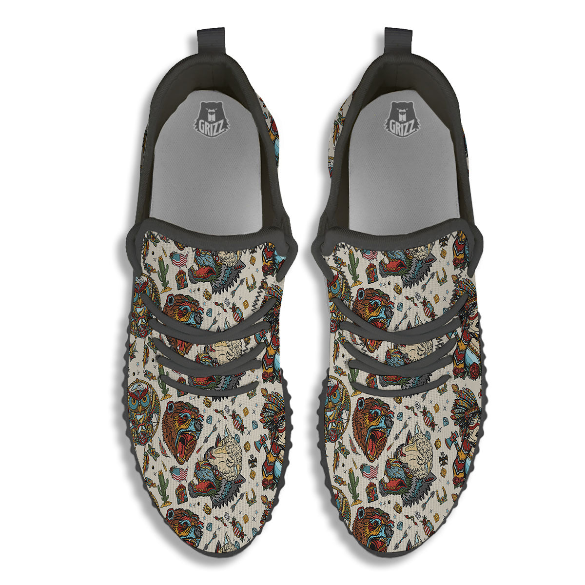 Indian Old School Tattoo Style Print Pattern Black Walking Shoes-grizzshop
