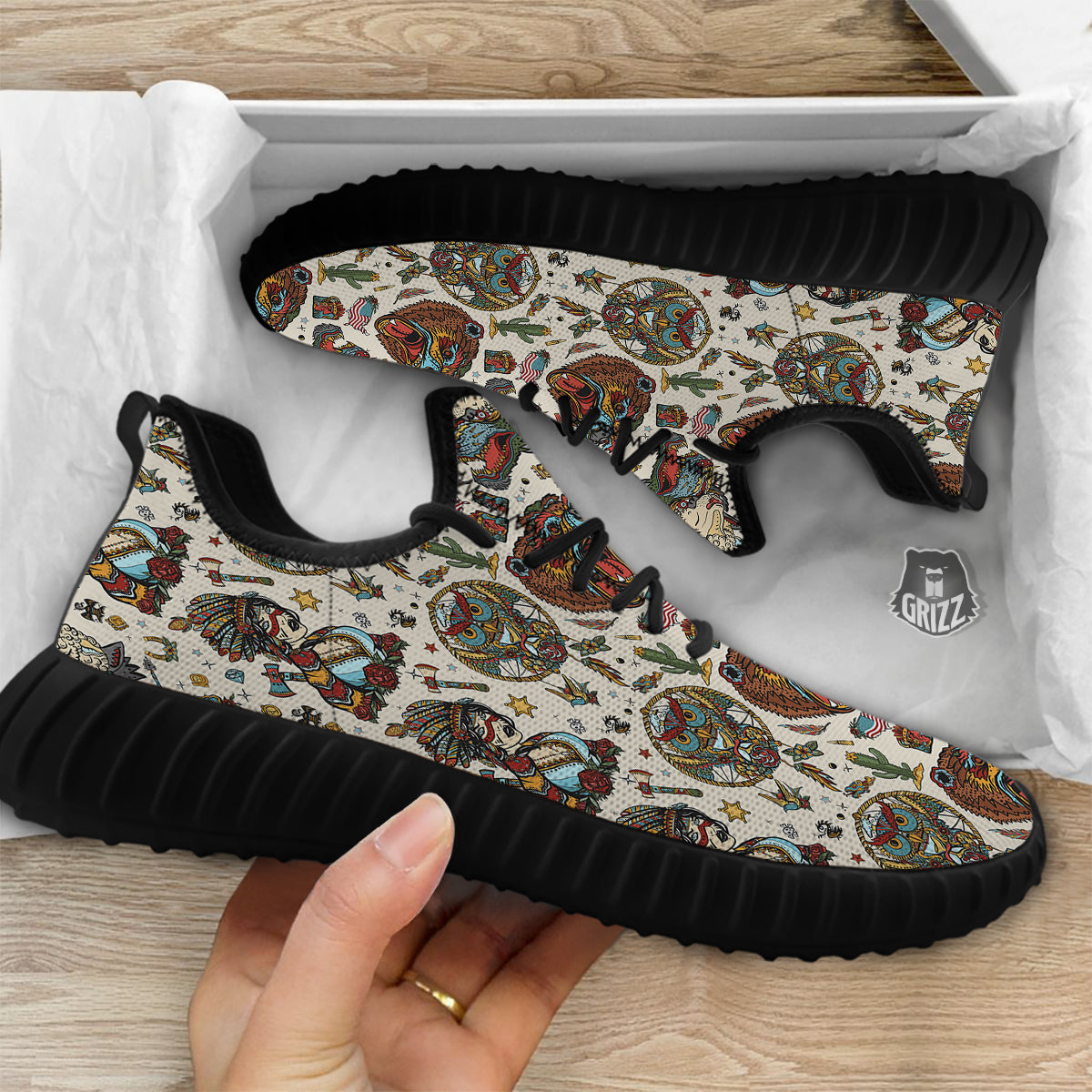 Indian Old School Tattoo Style Print Pattern Black Walking Shoes-grizzshop