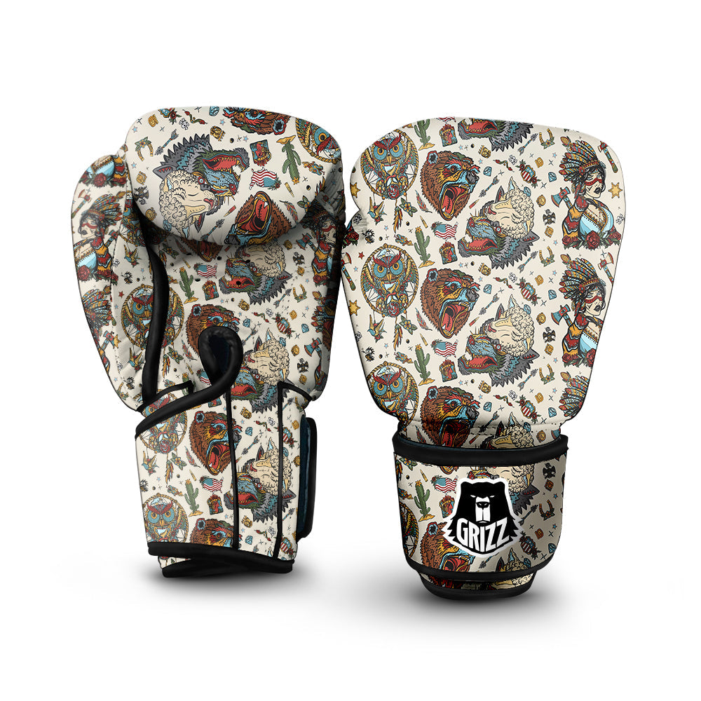 Indian Old School Tattoo Style Print Pattern Boxing Gloves-grizzshop
