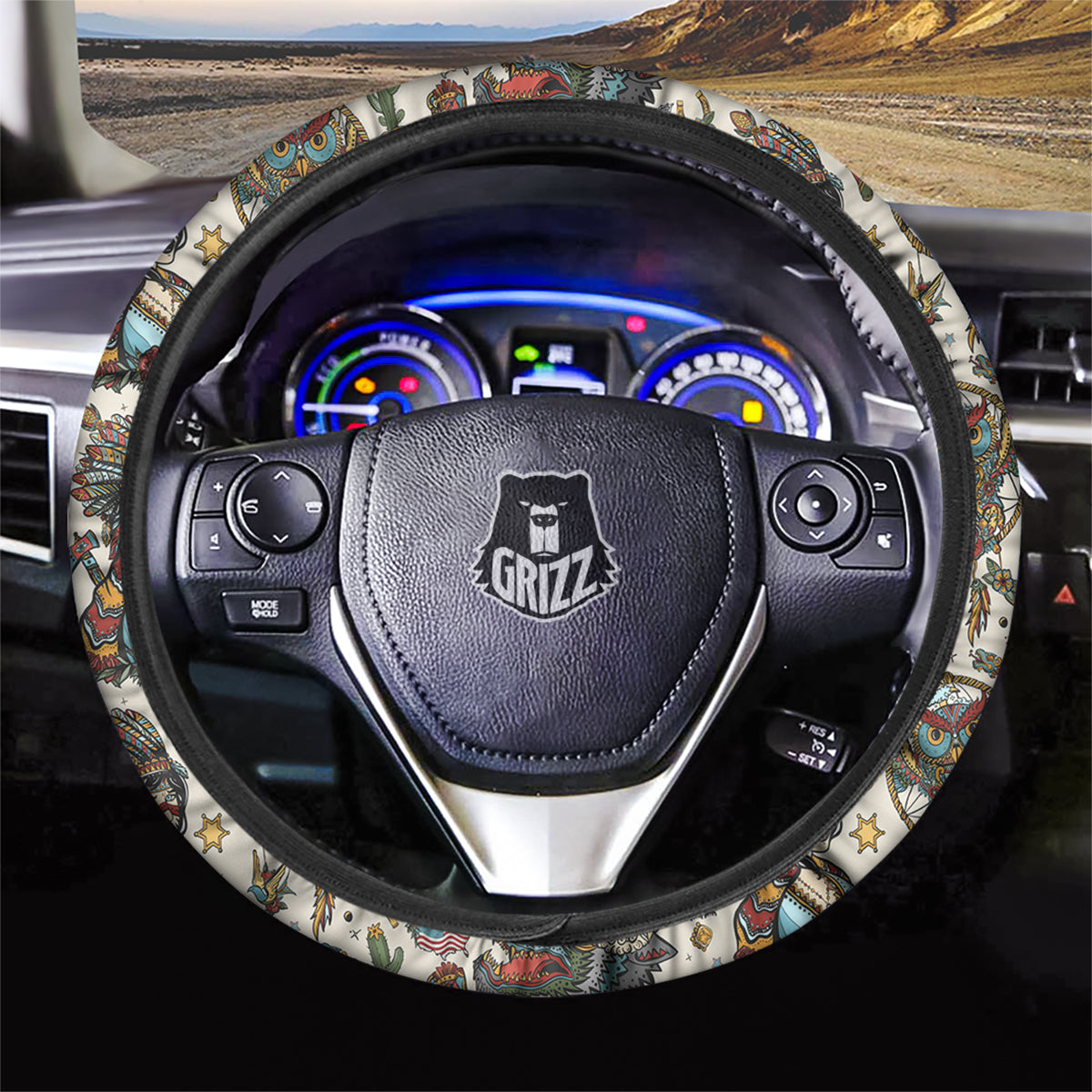 Indian Old School Tattoo Style Print Pattern Car Steering Wheel Cover-grizzshop