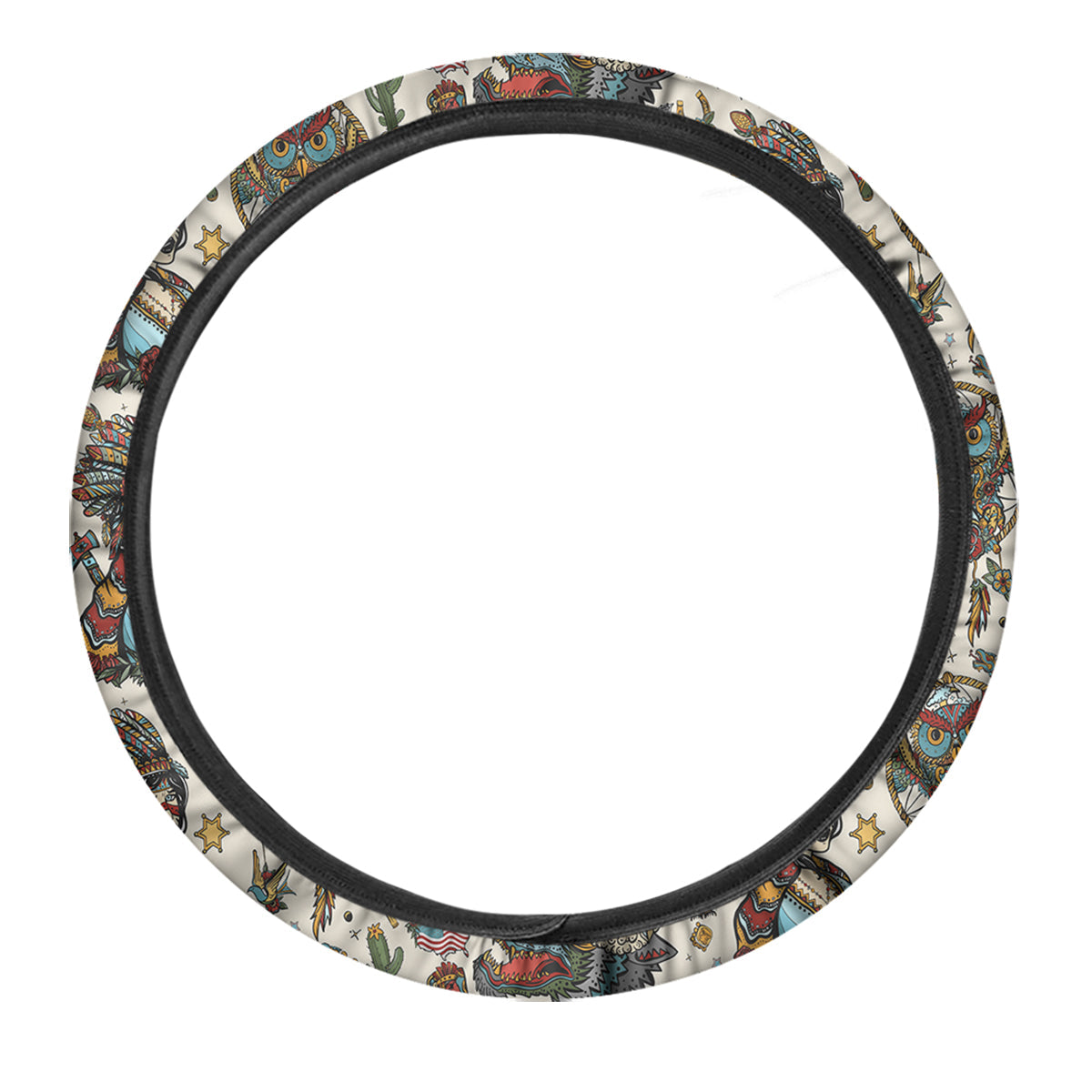 Indian Old School Tattoo Style Print Pattern Car Steering Wheel Cover-grizzshop