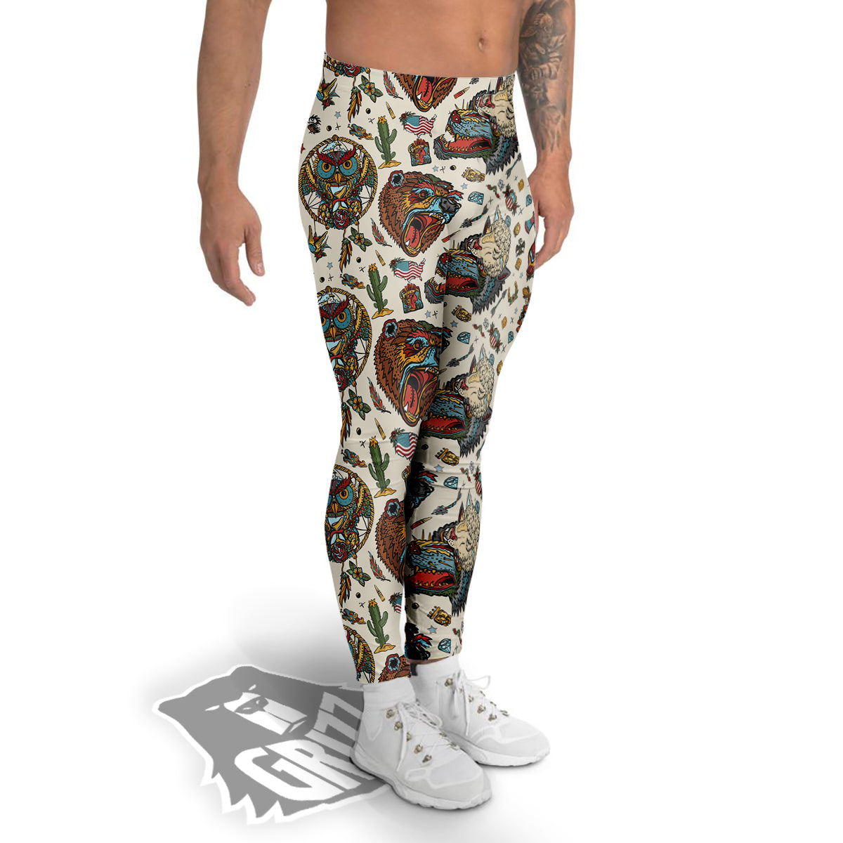Indian Old School Tattoo Style Print Pattern Men's Leggings-grizzshop