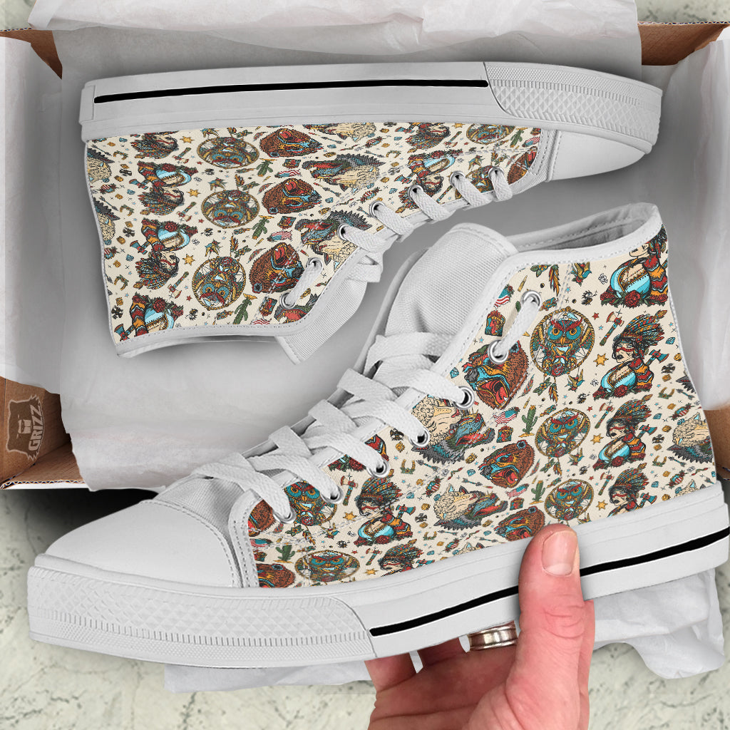 Indian Old School Tattoo Style Print Pattern White High Top Shoes-grizzshop