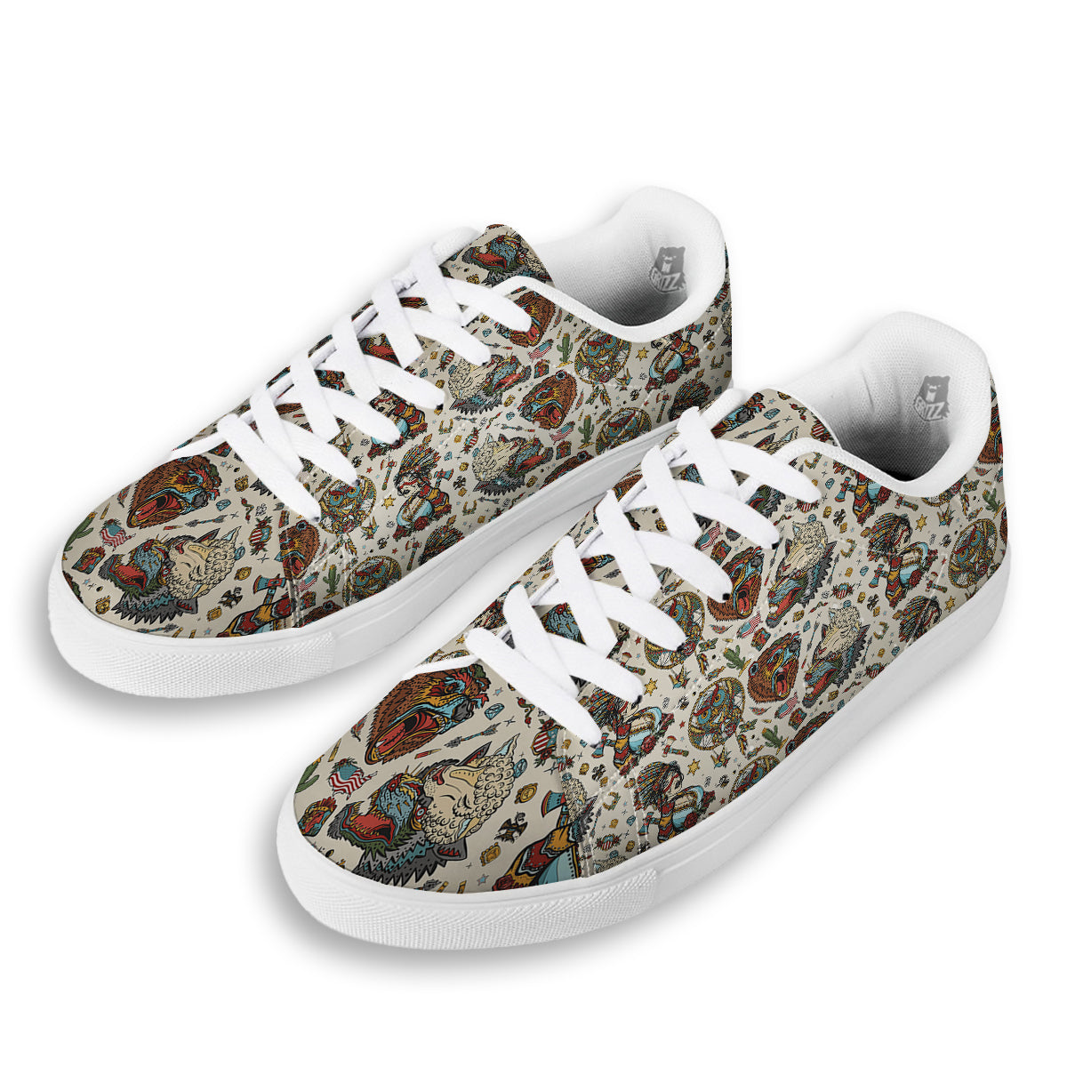 Indian Old School Tattoo Style Print Pattern White Low Top Sneakers-grizzshop