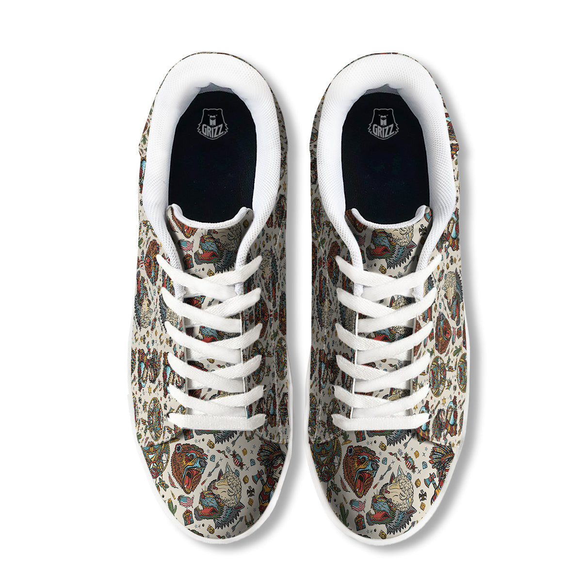 Indian Old School Tattoo Style Print Pattern White Low Top Sneakers-grizzshop