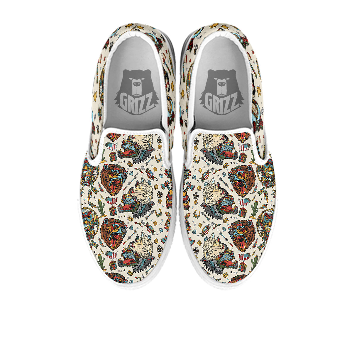 Indian Old School Tattoo Style Print Pattern White Slip On Shoes-grizzshop