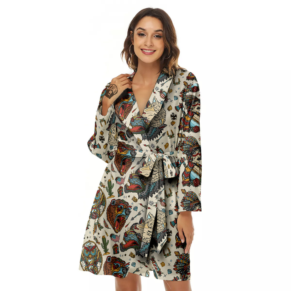 Indian Old School Tattoo Style Print Pattern Women's Robe-grizzshop