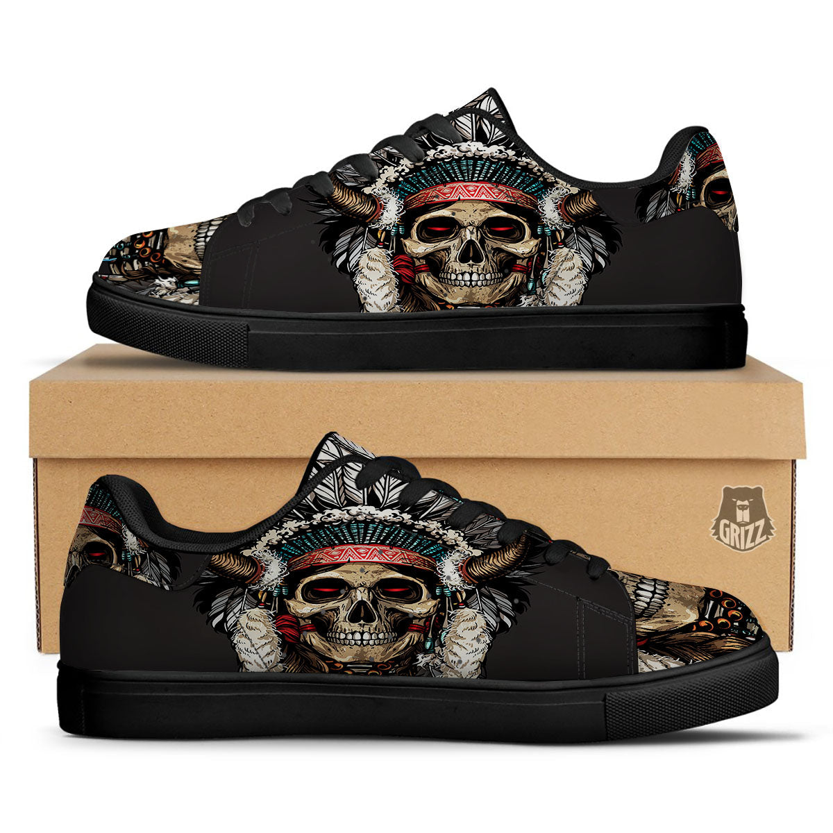 Indian Skull Native American Print Black Low Top Sneakers-grizzshop