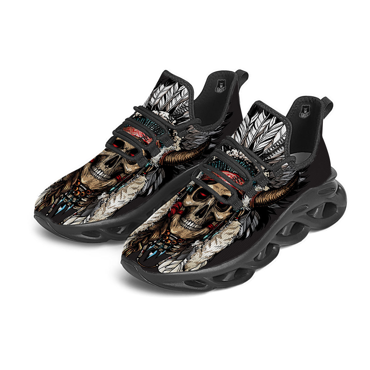 Indian Skull Native American Print Black Running Shoes-grizzshop