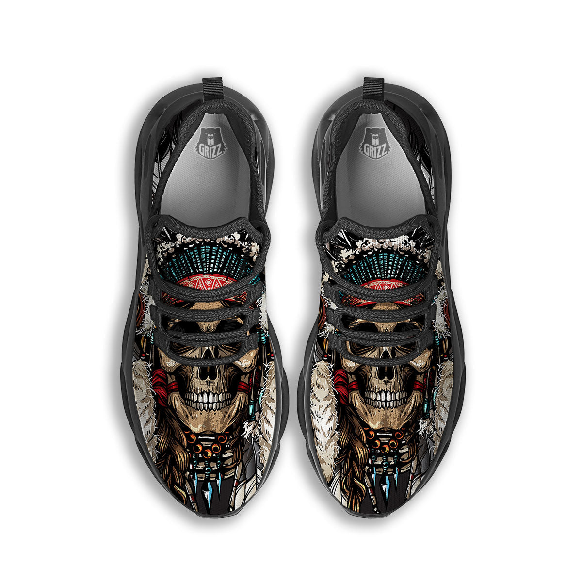 Indian Skull Native American Print Black Running Shoes-grizzshop