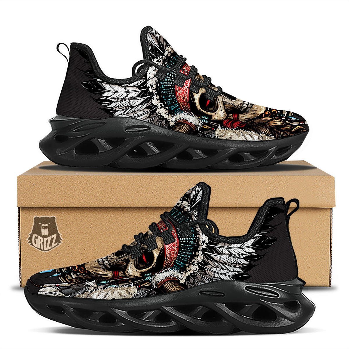 Indian Skull Native American Print Black Running Shoes-grizzshop