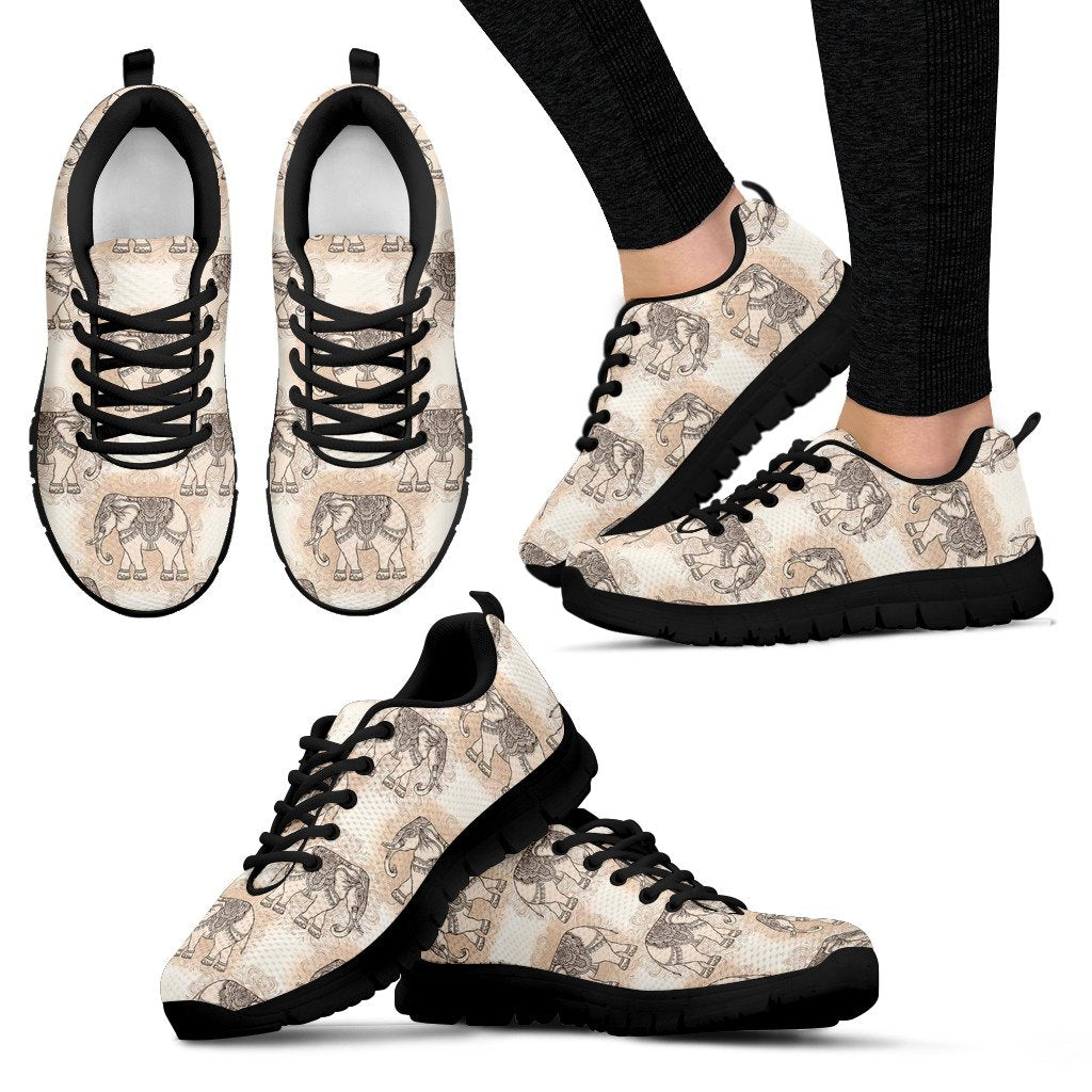 Indian Tribal Elephant Print Black Sneaker Shoes For Men Women-grizzshop