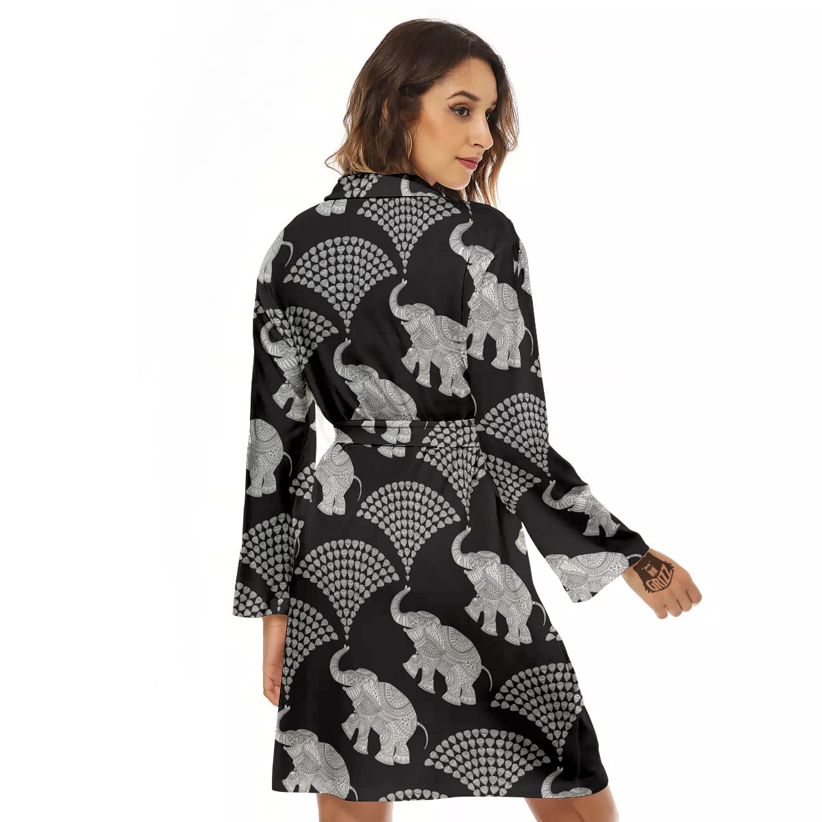 Indian Elephant Black Grey And White Print Pattern Women's Robe-grizzshop