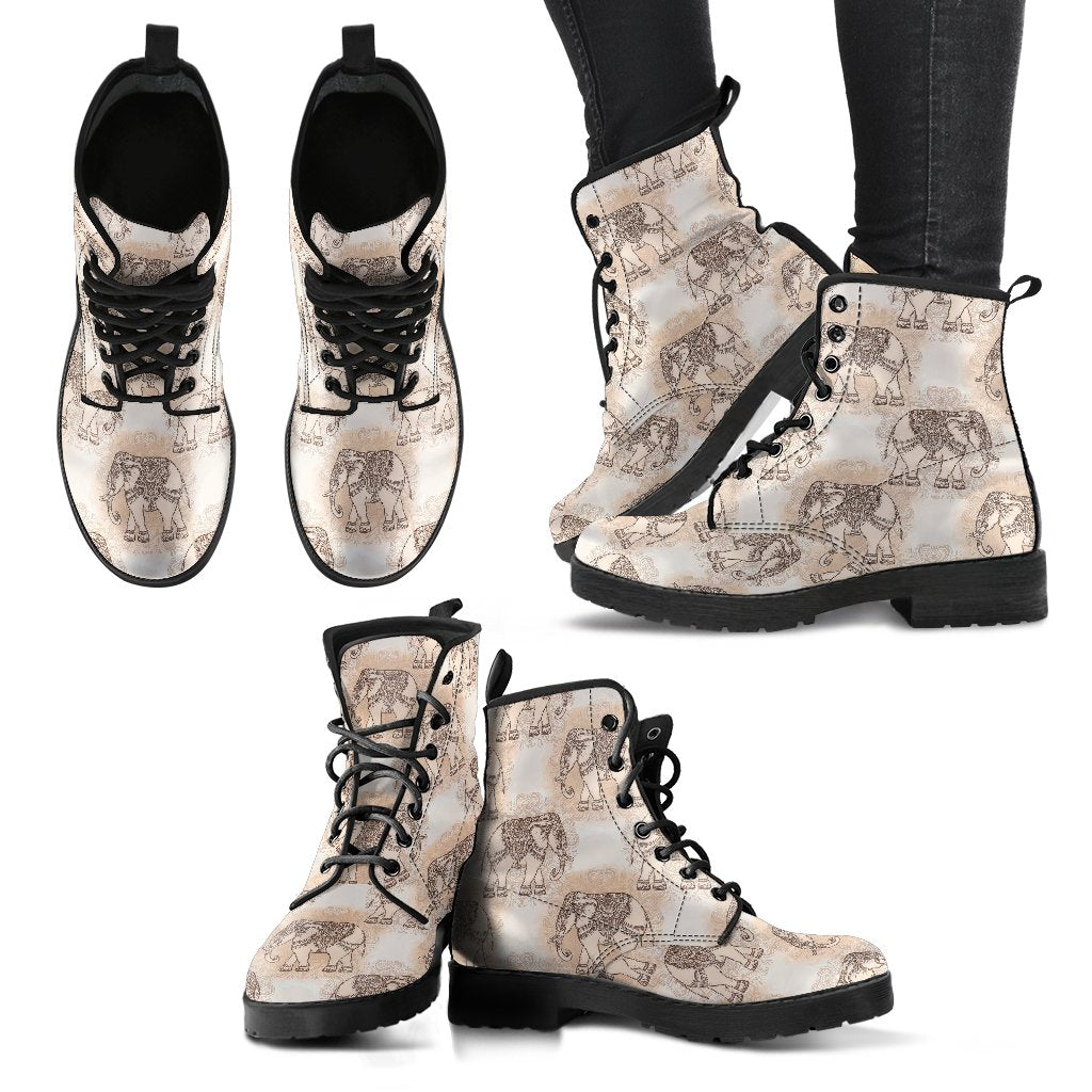 Indian Tribal Elephant Print Men Women Leather Boots-grizzshop