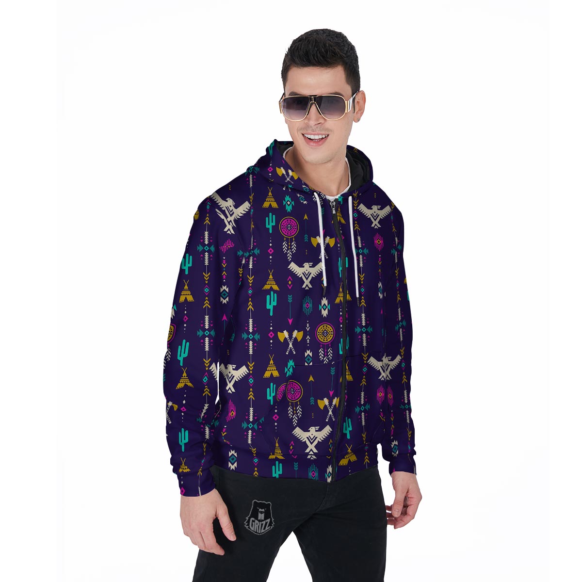 Indians Tribal Native Navajo American Aztec Print Men Zip Up Hoodie-grizzshop