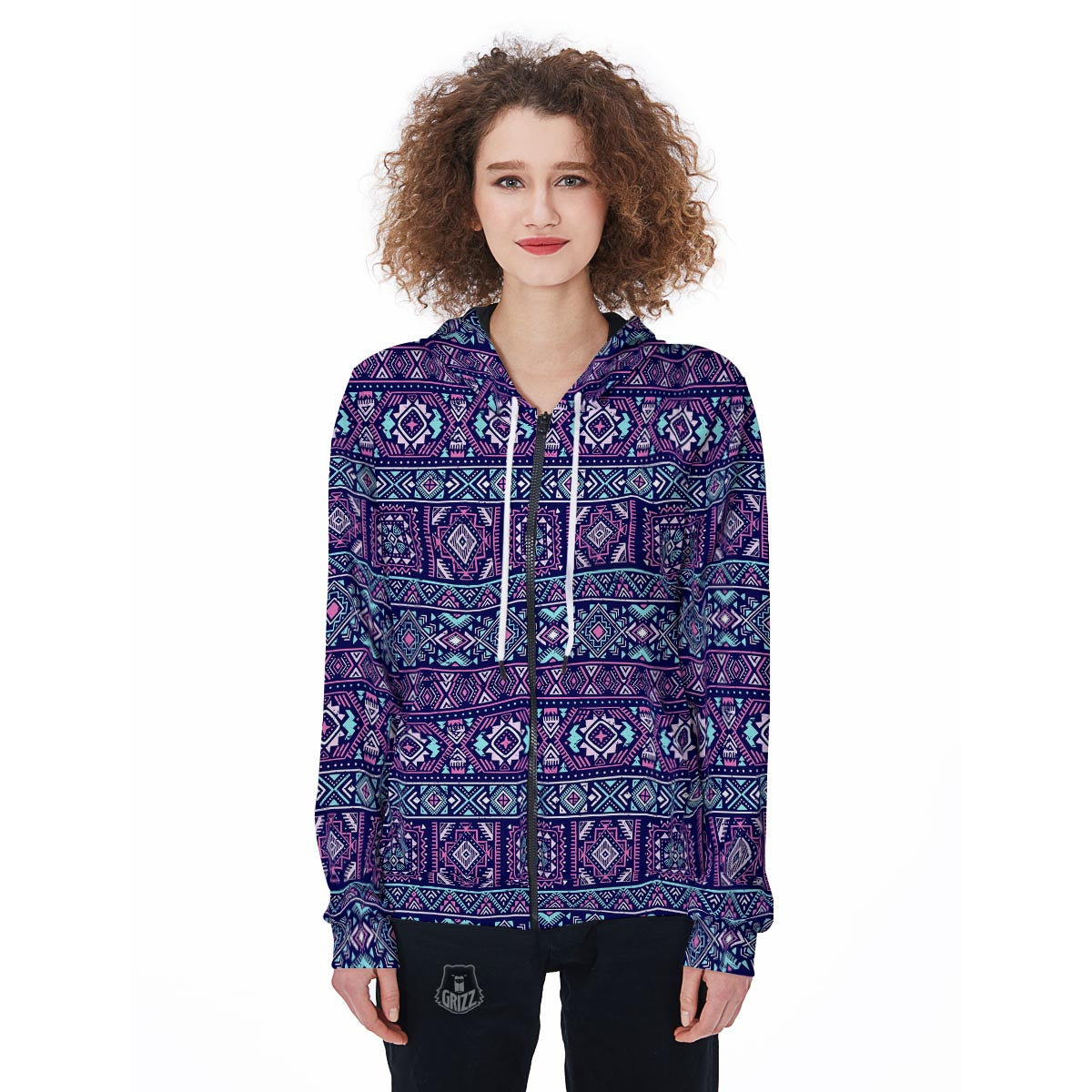 Indians Tribal Native Navajo American Aztec Print Women Zip Up Hoodies-grizzshop