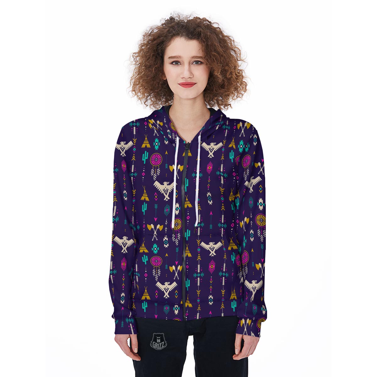 Indians Tribal Native Navajo American Aztec Print Women Zip Up Hoodies-grizzshop